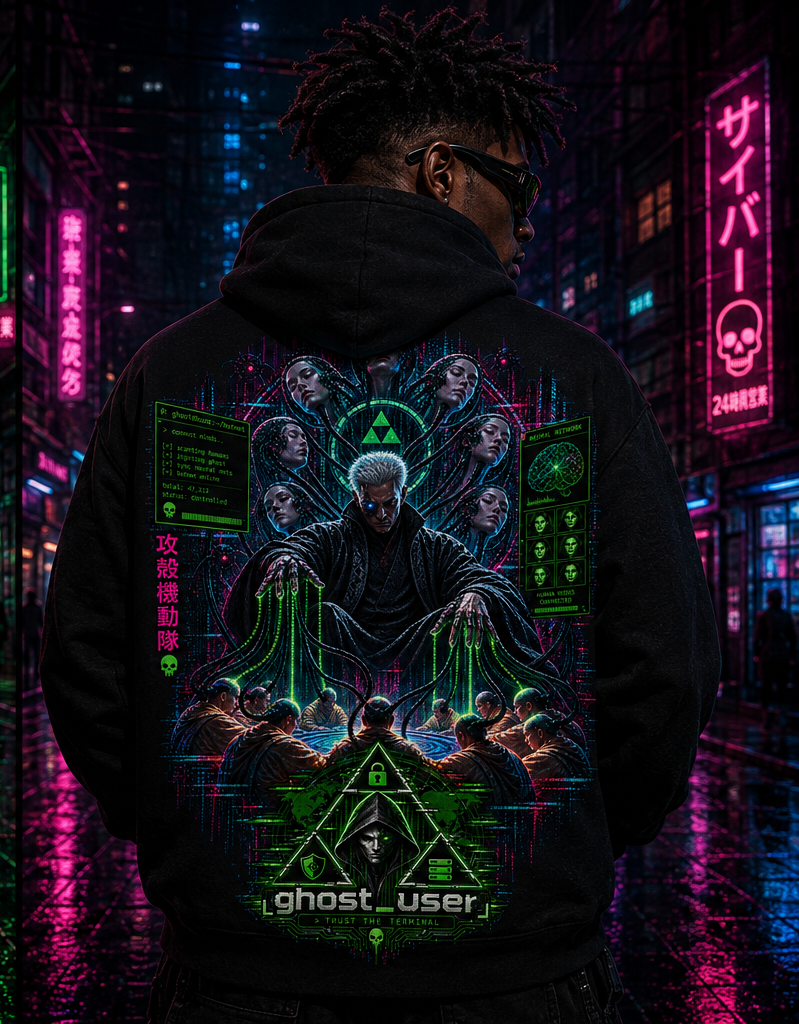 Modelo usando hoodie preto com estampa We'r Botnet nas costas
