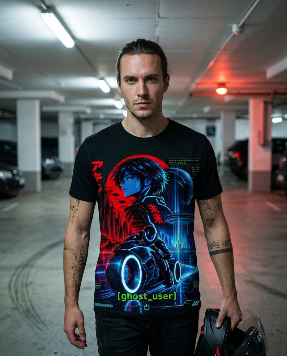 Modelo vestindo camiseta preta de algodão com estampa cyberpunk Akira na frente