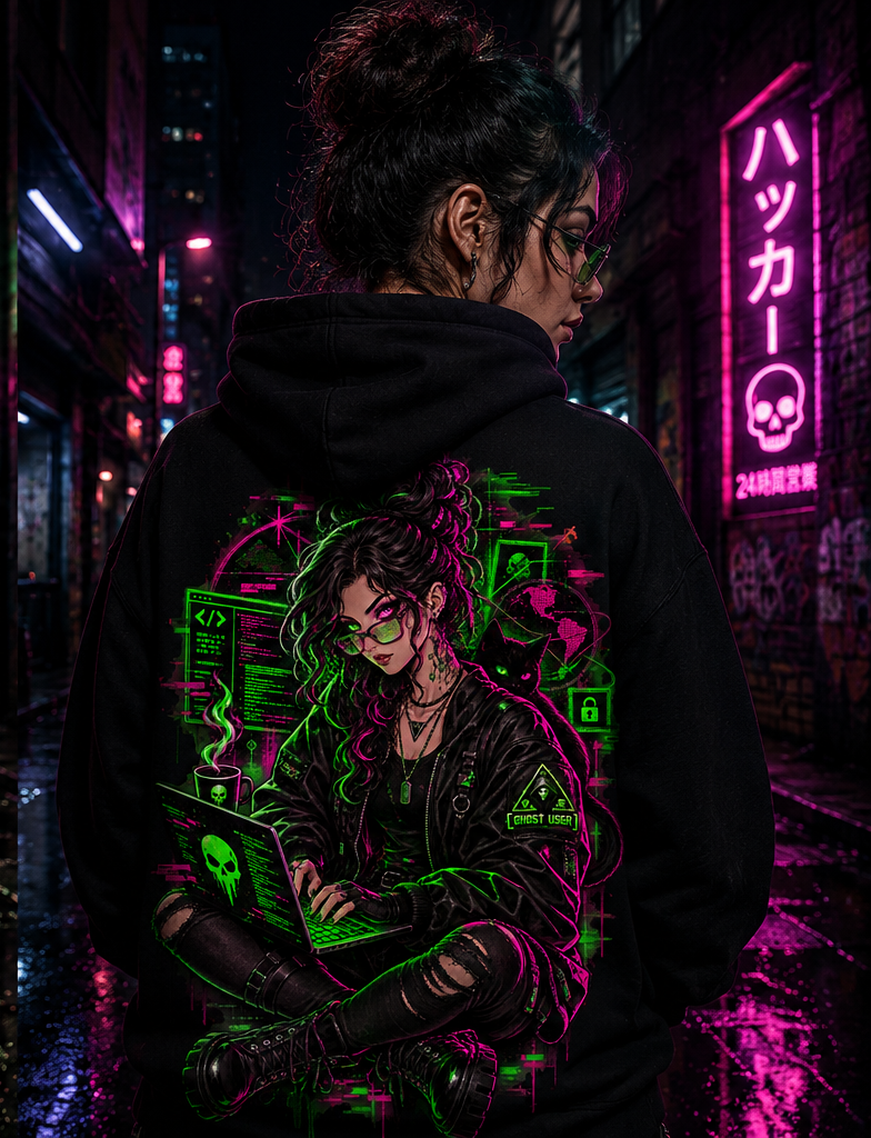 Modelo usando hoodie preto com estampa da agente Alasca em verde e magenta