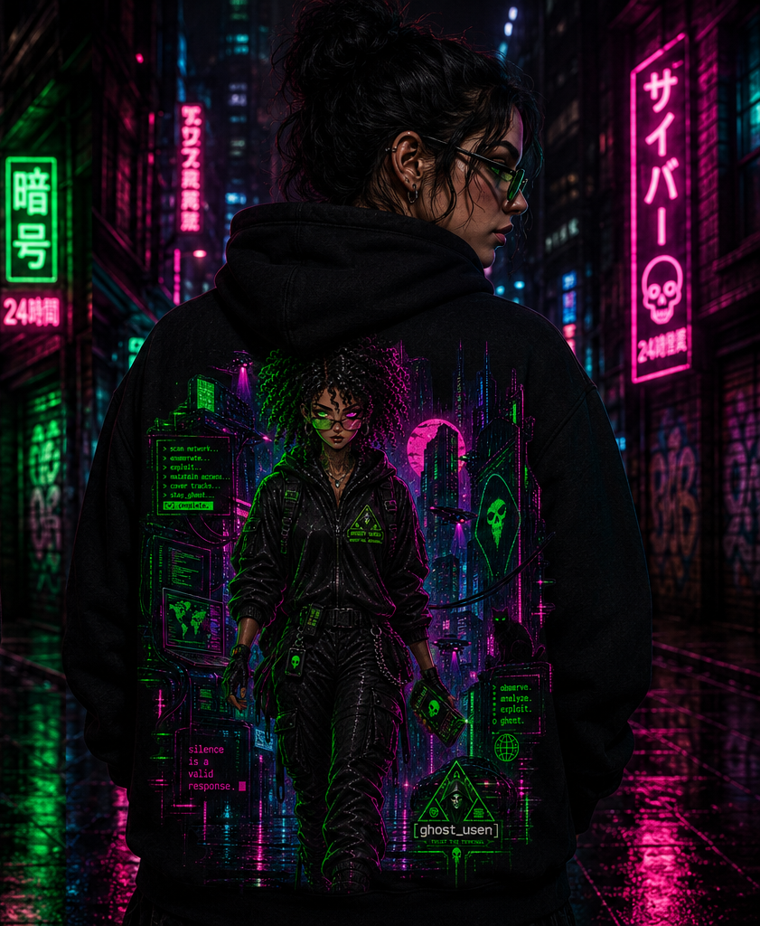Modelo usando hoodie preto com estampa Cyber Agent nas costas