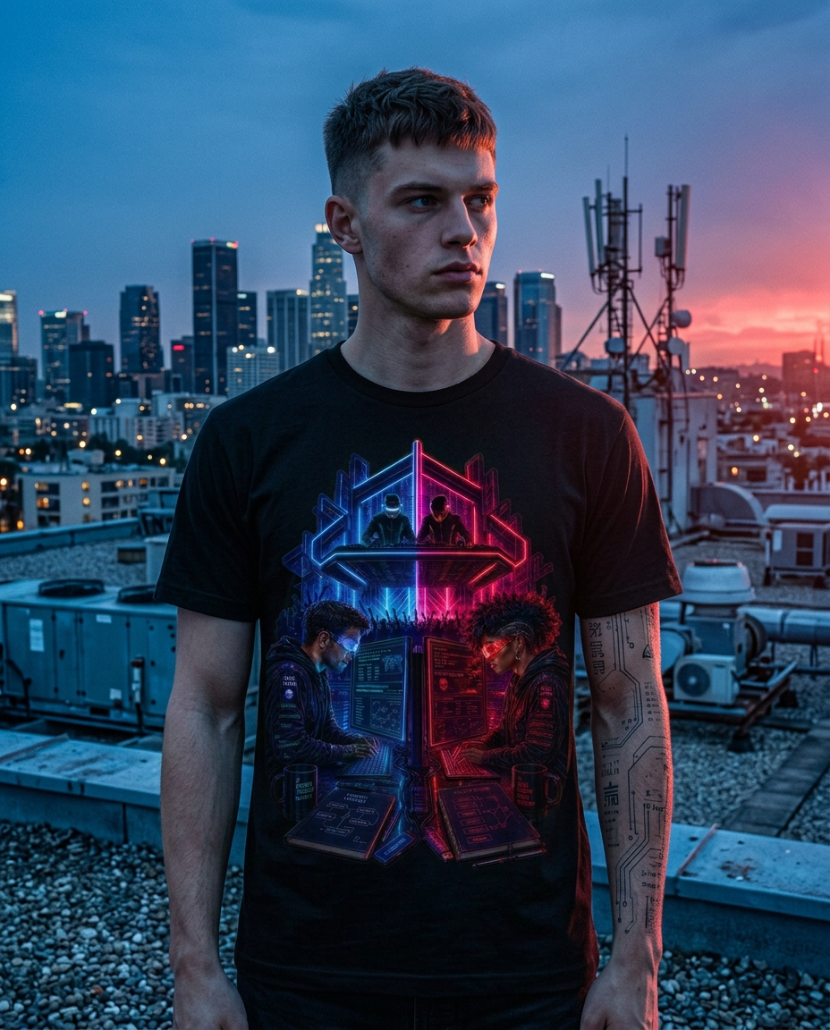 Modelo vestindo camiseta preta de algodão com estampa Blue Team vs Red Team na frente