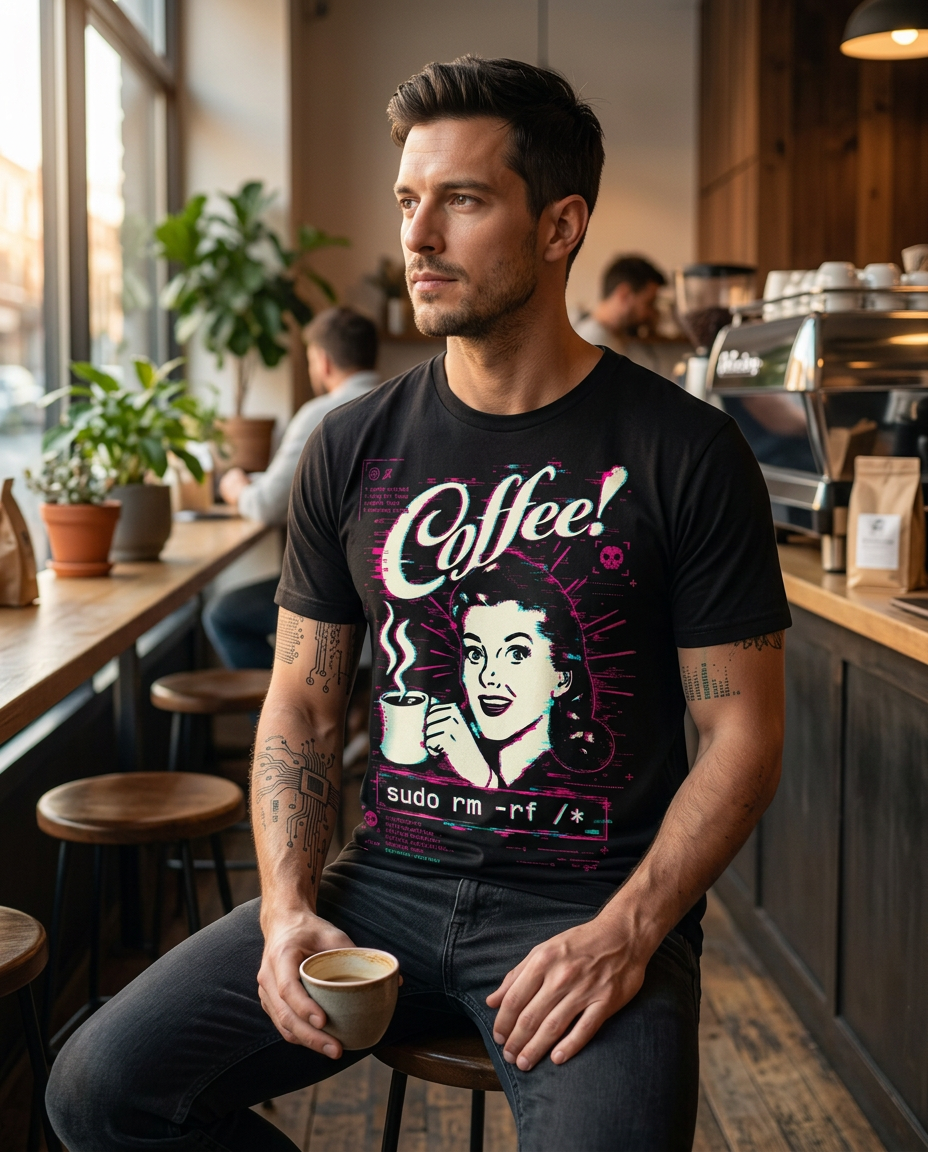 Modelo vestindo camiseta preta de algodão com estampa Coffee sudo rm -rf na frente
